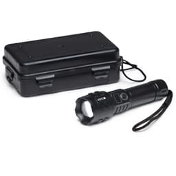 A black torch beside a black carrying case, featuring a textured grip and a wrist strap.