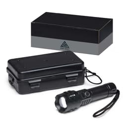 A black torch with a protective case, featuring a logo, set against a plain box background.