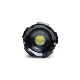 A black torch with a yellow light, featuring a textured grip and round head, and a logo displayed on the body.