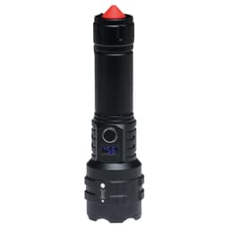 A black torch with a red top, featuring a digital display and a logo on the body.