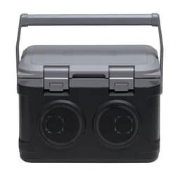 A portable sound box in black with a grey lid, featuring a sturdy handle and two speaker openings.