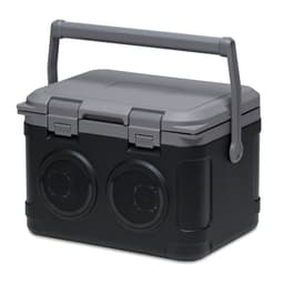 A portable sound box in black and grey, featuring a handle and two speaker outlets. Includes a sturdy, sealed lid.