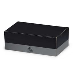 A rectangular black box with a grey stripe at the bottom, featuring a logo on the front.