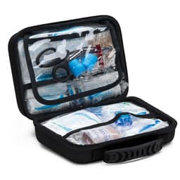A black first aid kit opened to reveal various medical supplies, including scissors and blue containers.