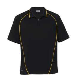 A black polo shirt with yellow piping and a zippered collar, featuring a logo on the front.
