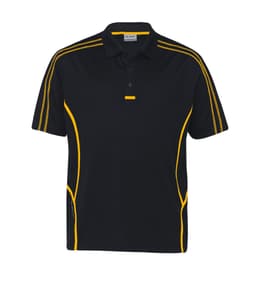 A black polo shirt featuring yellow accents along the sides and collar, with a logo present.