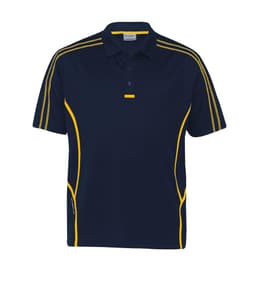 A navy polo shirt featuring yellow stripe accents and a logo. Suitable for casual or sporting occasions.