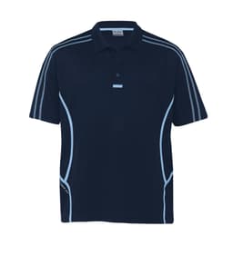 A navy polo shirt featuring contrasting light blue stripes and a logo on the side.