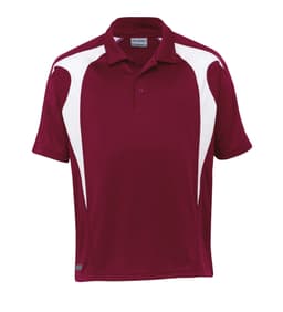 A maroon polo shirt featuring white spliced accents and a logo on the chest. Short-sleeved design.