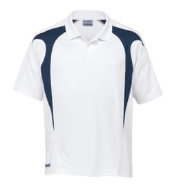 A white polo shirt with navy spliced detailing and a logo on the chest. Suitable for casual or athletic wear.