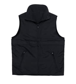A black nylon vest featuring a zip front and two side pockets, with a high collar and a simple design.