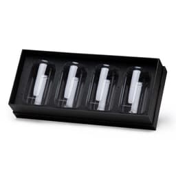 A set of four clear beer can glasses, displayed in a black gift box with foam padding.