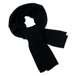 A dark navy Merino scarf with a ribbed texture, featuring a simple design and a logo.