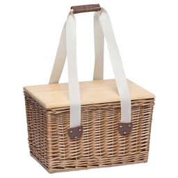 A wicker picnic basket with a wooden lid and cream-coloured straps, featuring leather detailing and a logo.