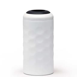 A drink bottle in white with a textured surface and a black lid, featuring a logo on the front.