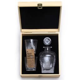 A glass decanter set featuring a clear decanter and two matching glasses, presented in a wooden box with a black interior.