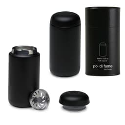 A drink bottle and a stylish cylindrical container in matte black, featuring a removable cap and strainer.