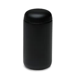 A drink bottle in sleek black with a rounded lid and a smooth matte finish. Features a minimalistic design.