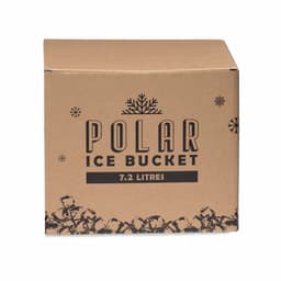 A cardboard box containing a 7.2 litre Polar Ice Bucket. The design features snowflakes and a logo.