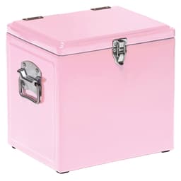 A pink vintage cooler box with a metal latch and handle, featuring a glossy finish.