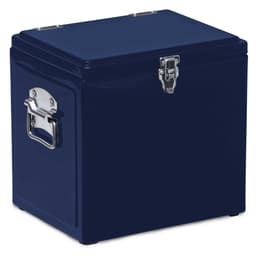 A navy blue vintage cooler box with a metal latch and handle, featuring a sleek, shiny finish.