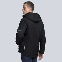 A black soft shell jacket with a hood, featuring reflective detailing and a streamlined design, worn by a model from behind.