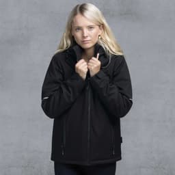 A soft shell jacket in black, featuring a hood and zippered pockets, styled on a model with long blonde hair.