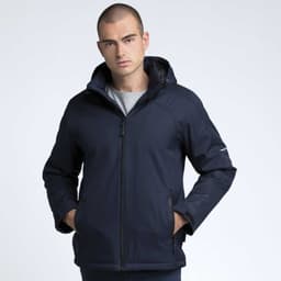 A model wearing a navy blue soft shell jacket with a hood, featuring a branded logo on the sleeve.
