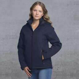 A soft shell jacket in navy blue with a zippered front, hood, and side pockets, featuring a logo.