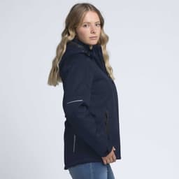 A navy soft shell jacket with a hood, featuring a zippered front and reflective detailing.