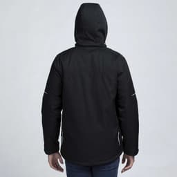 A black soft shell jacket with a hood, featuring a plain back and a logo on the upper portion.