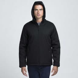 A man wearing a black soft shell jacket with a hood, featuring zippers and a logo.