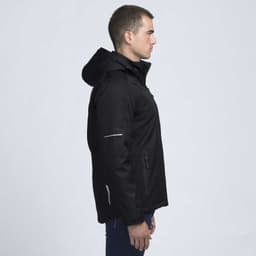 A soft shell jacket in black, featuring a hood and zippered pockets, displayed on a model from the side.