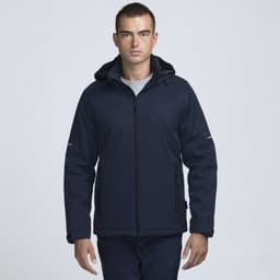 A man wearing a navy Ascend X10 soft shell jacket with a hood, featuring a zipped front and pockets.