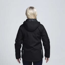 A black soft shell jacket with a hood displayed from the back, featuring a logo on the upper left side.