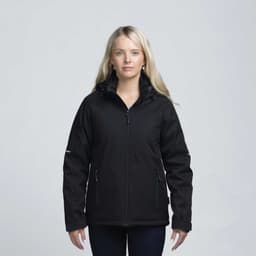 A black soft shell jacket with a hood, featuring multiple zippered pockets, worn by a model.