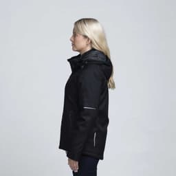 A soft shell jacket in black, featuring a hood and a logo, displayed from the side.