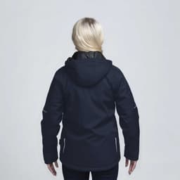 A soft shell jacket in navy blue with a hood, featuring a logo on the back, shown from behind.