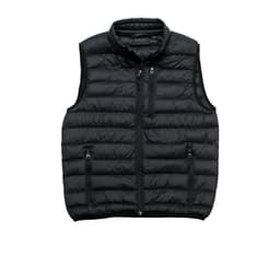 A black puffer vest with a high collar, featuring zippered front pockets and a zip closure. It has a logo emblem.
