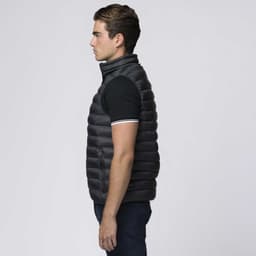 A black puffer vest with a zip, featuring a stand-up collar and a fitted silhouette. It has a logo on it.