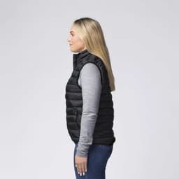 A black sleeveless puffer vest is displayed, featuring a high collar and a side view of a model wearing it.