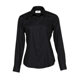 A black button-up shirt for women featuring a collar and long sleeves, with a logo on the label.