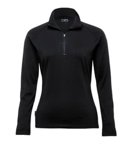 A black Merino zip pullover for women, featuring a quarter zip and long sleeves. It has a branding logo on the collar.