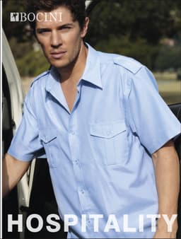 A light blue short-sleeved service shirt for unisex adults with pockets and a logo.