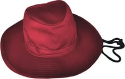 A wide-brimmed red hat with a drawstring, designed for kids' outdoor wear. Features a simple logo on the side.