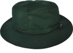 A green bucket hat with ventilation eyelets, featuring a branding logo.