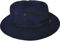 A navy blue kids' school bucket hat with ventilation holes and an adjuster. Features a logo on the side.
