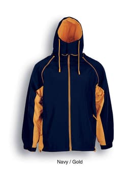 A unisex three-in-one jacket in navy and gold, featuring a hood and zip closure, with a logo.