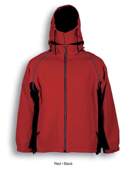 A red and black unisex three-in-one jacket with a hood, featuring zippered pockets and a sleek design.