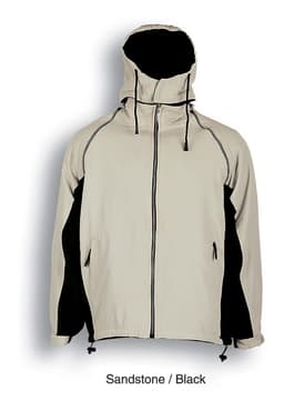 A unisex three-in-one jacket in sandstone and black, featuring a hood and zippered pockets. It has a logo.